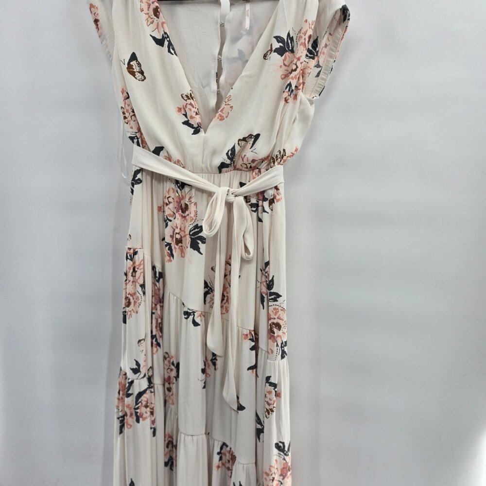 Women's Cream Floral Maxi Dress with Tie Waist